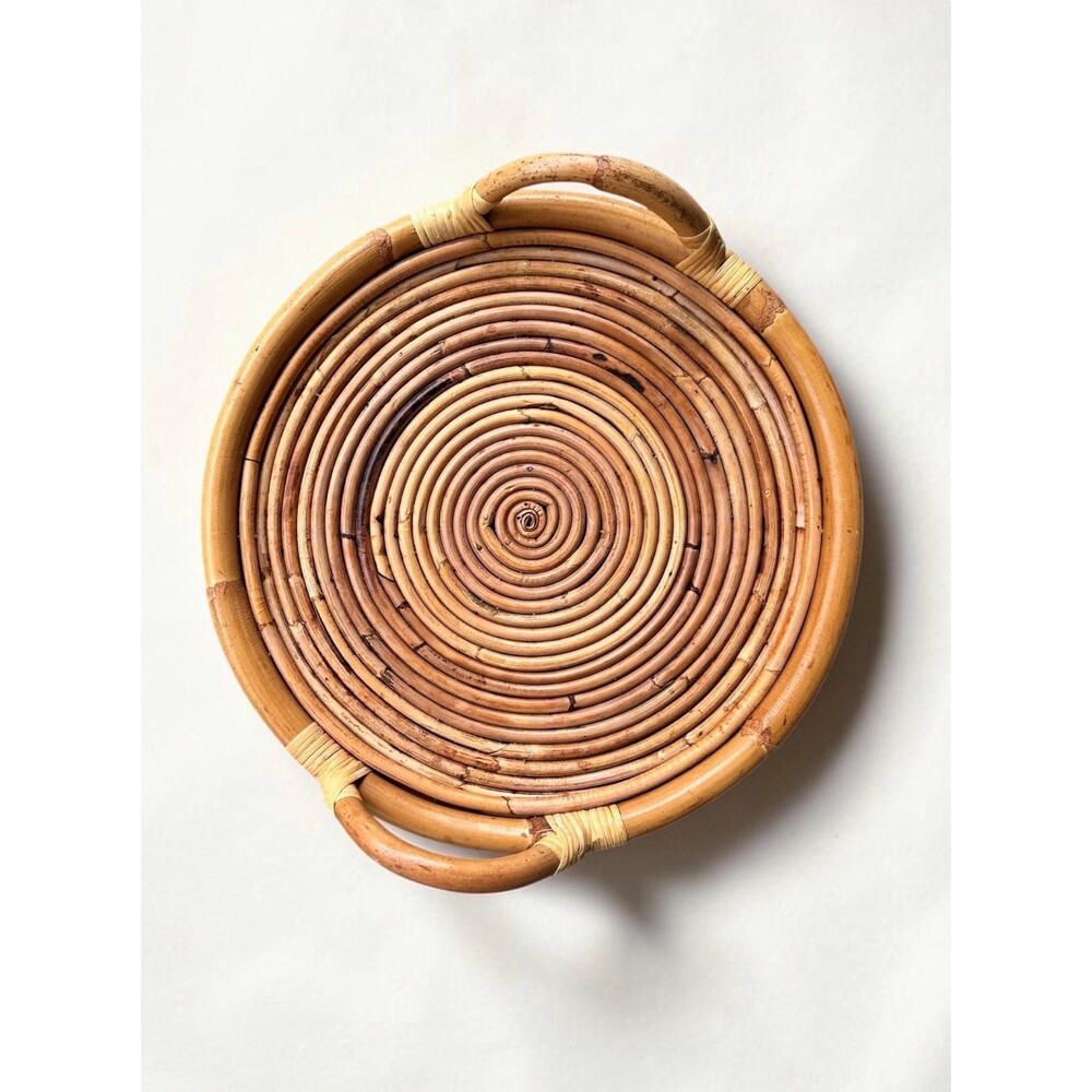 Vintage 16-Inch Round Rattan Serving Tray | Coiled Bamboo Coffee Table Decor